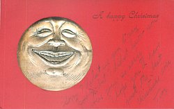 silver inset man in the moon laughing, red background