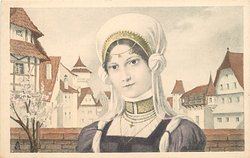 head & shoulders of one girl, in flemish costume, centered, infront of many buildings, small tree to the left