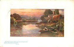 man in row boat front right being moored, reflections on river, buildings back right
