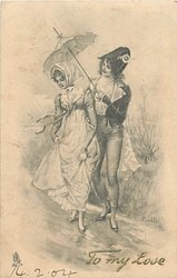 young man holds umbrella over girl on left, she holds up her skirts in the wet