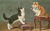 Image 1 - two cats, one ginger & white sitting on a high stool and one black & white with one paw on on a low stool