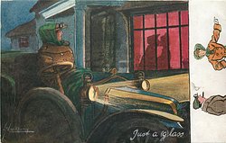 JUST A (G)LASS night scene, woman sits in car observing silhouette of her partner kissing a maid