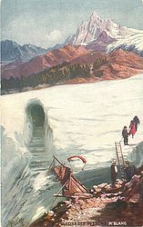 GLACIER DES BOSSONS MT. BLANC bridge over crevasse, ladder right, steps to tunnel