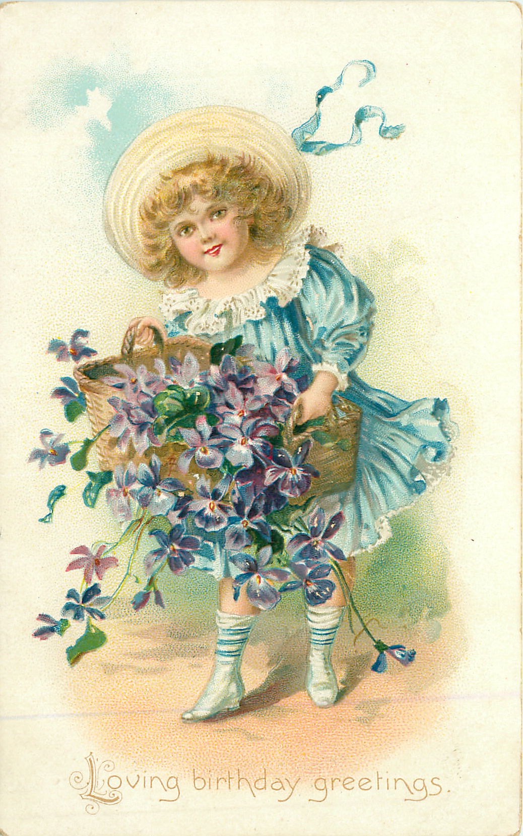 LOVING BIRTHDAY GREETINGS girl spills basket of purple violets - TuckDB ...