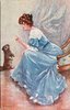 Image 1 - pretty lady in blue dress holds finger out to sitting dog