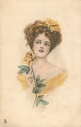 head & shoulders of pretty girl facing front looking up/left, holding yellow rose
