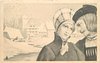 Image 2 - head & shoulders of young couple in flemish costume to right, scene of wintry buildings behind