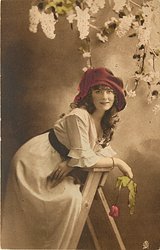 girl facing right leaning on step-ladder, looking front, holding rose with right hand, lilac above