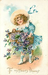 TO MY HEART'S DEAREST girl carries basket of violets - TuckDB Postcards