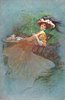 Image 3 - VINO DI CHINA FERRUGINOSO SERRAVALLO elegantly dressed woman with flowing skirt, elaborate hat with ostrich feather, sits by table with tea tray, tilts chair back, smoking cigarette, faces feft looks front, grey background