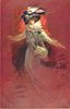Image 3 - VINO DI CHINA FERRUGINOSO SERRAVALLO elegantly dressed woman with flowing skirt, elaborate hat with ostrich feather, fur scarf & muff stands facing right looking front/left, red/brown background