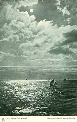 "A PEACEFUL NIGHT" night seascape, distant sailboats, clouds on horizon & above