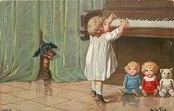 girl playing piano, dolls below, dachshund behind curtain