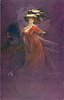 Image 3 - VINO DI CHINA FERRUGINOSO SERRAVALLO elegantly dressed woman with flowing skirt, elaborate hat with ostrich feather, stands by dressing table with mirror, hands behind her back,facing left, looking front, purple background