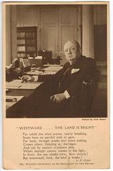 half length study, seated at desk facing left, looking front holding cigar. WESTWARD....THE LAND IS BRIGHT