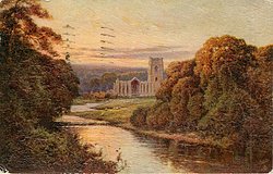 river runs between bushy banks, church in centre background