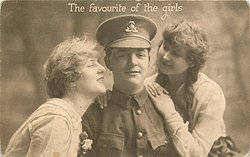 soldier between two girls, both girls look toward soldier, soldier faces forward