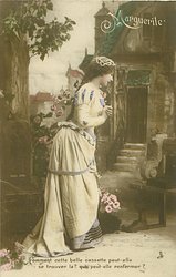 COMMENT CELLE BELLE CASETTE PEUT-ELLE SE TROUVER LA? QUI PEUT-ELLE RENFERMER? Marguerite stands in front of chateaux looking down, hands clenched at her chest
