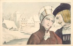 head & shoulders of young couple in flemish costume to right, scene of wintry buildings behind
