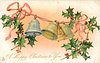 Image 1 - A HAPPY CHRISTMAS TO YOU four bells hang on pink ribbon, holly around