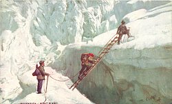 ASCENSION DU MONT-BLANC three people use ladder to cross crevasse