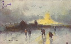 five people in foreground, village back left, yellow sunset