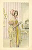 Image 1 - elegantly dressed girl wearing bonnet stands in front of fire-place facing right, reading a letter, clock behind right