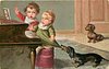 Image 1 - two children at piano, dachshund tugs at dress, another in doorway