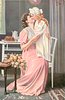 Image 1 - mother seated by table, daughter stands on chair with her, they kiss, pink roses left