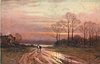 Image 1 - distant man on horseback with another horse, sunset scene, house with chimney smoke on left