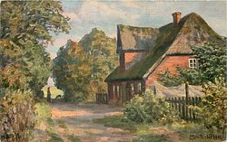 farm house right of road, distant person & dog