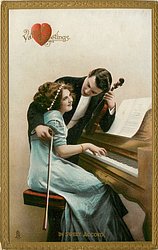 VALENTINE GREETINGS IN SWEET ACCORD she plays piano, he holds violin, arm round her shoulder