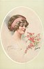 Image 1 - inset of pretty brunette, with pink head band, looking right & down at blossom