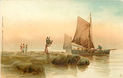 two sailboats, four people stand on beach, one man on boat