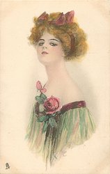 head & shoulders of pretty girl facing left looking front, red rose corsage