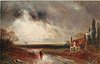 Image 4 - woman walking with child on road, cottage right, signpost behind & left of woman