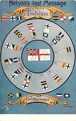 TRAFALGAR OCTOBER 21ST,1905 flags in grey circle, flag in center