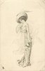 Image 1 - pretty girl in large hat faces left, looks front, dahlias in left hand, fan in right