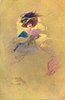 Image 1 - VINO DI CHINA FERRUGINOSO SERRAVALLO elegantly dressed woman with flowing skirt, elaborate hat with ostrich feather, holds armfull of flowers, seated on bench, facing right looking front,yellow background