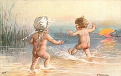 two nude children splash in lake, setting sun upper right