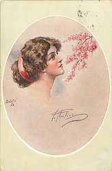 inset of pretty brunette with red hair band looking up right at pink blossom