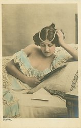 DERVAL woman with pearls on head, lies in bed reading book