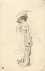 pretty girl in large hat faces left, looks front, dahlias in left hand, fan in right