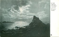 "BY THE LIGHT OF THE MOON" night seascape, pointed jagged rock front right, moon visible through clouds