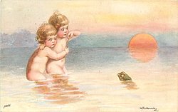 two nude children clutch each other, frightened by a frog, setting sun upper right