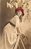 Image 1 - girl climbs stepladder facing right, looking front, holding top of stepladder, with both hands, single rose dangling from her right hand