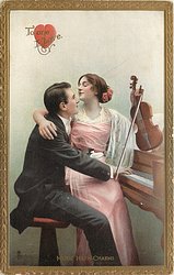 TO THE ONE I LOVE MUSIC HATH CHARMS she sits on his knee holding violin, he attempts to play the piano
