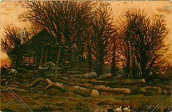 cottage with light in window left, two figures extreme left, trees behind