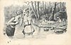 Image 1 - dog on bank looks at two girls in water, trees behind