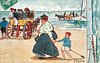 Image 3 - large mother pulls unhappy child up the beach, BOAT CART behind left